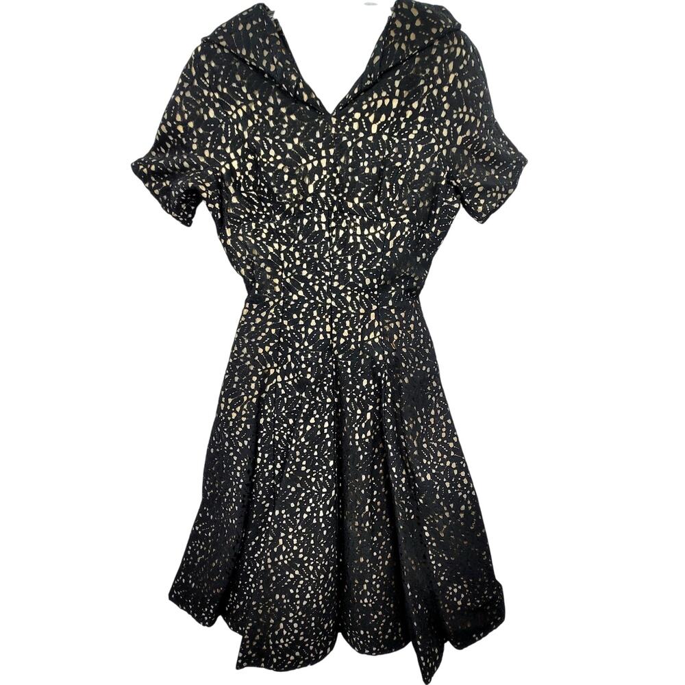 Vintage 50s Gold Lamé Under‎ Black Lace A Line Dress Glam Cocktail Formal